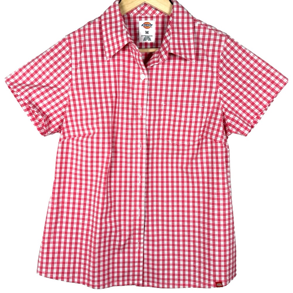 Dickies Women's Button-Up Shirt Gingham Pink White‎ Plaid Work Wear Sz M